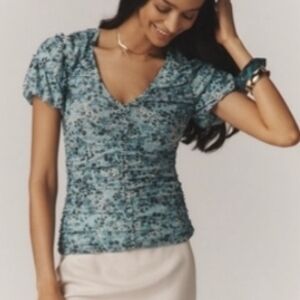 NWT Anthropologie Shirred Mesh Shirt Sz Sm - Teal